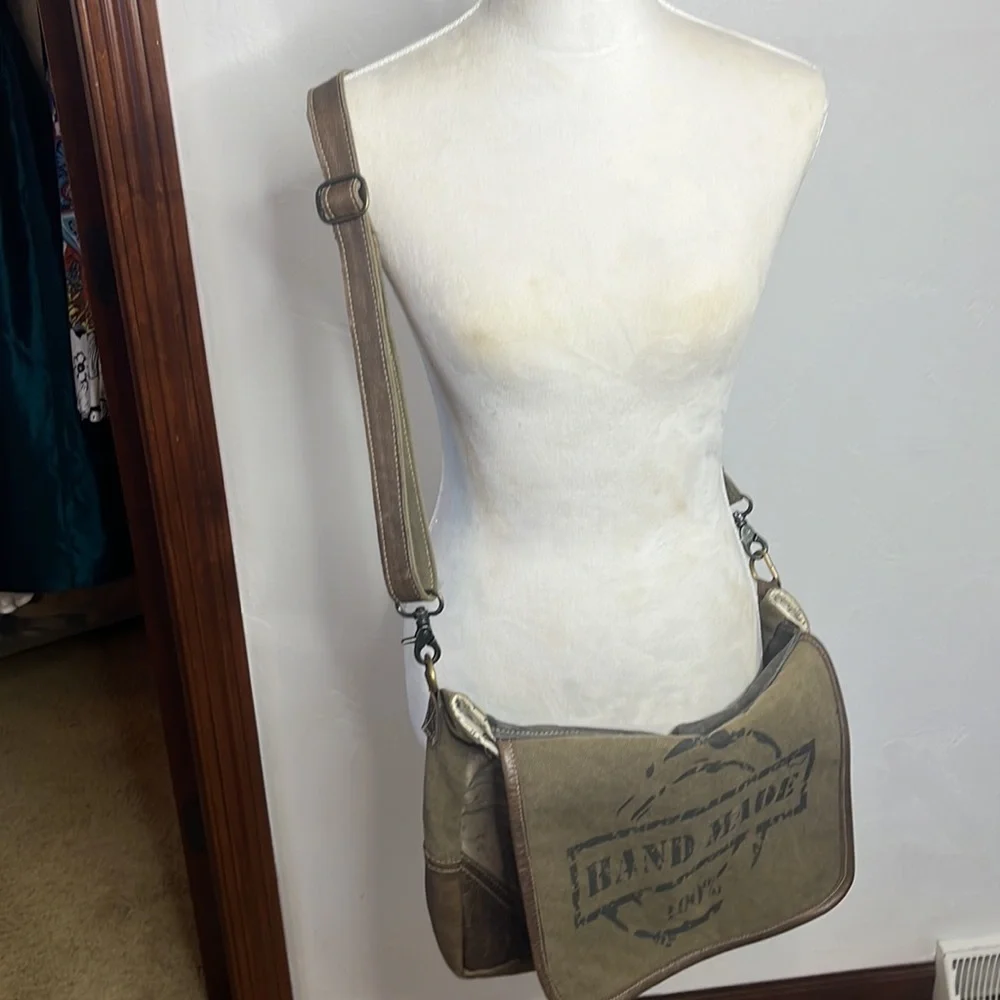 Myra 100% Handmade Messenger Type Upcycled Bag Canvas and Leather MCB4685M